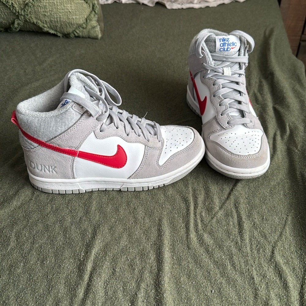 Grey and red Nike Dunk shoes